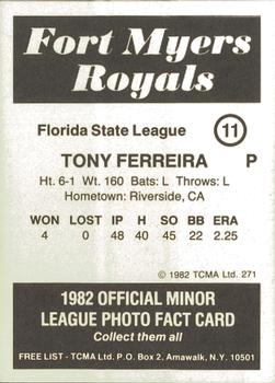 1982 TCMA Fort Myers Royals #11 Tony Ferreira Back