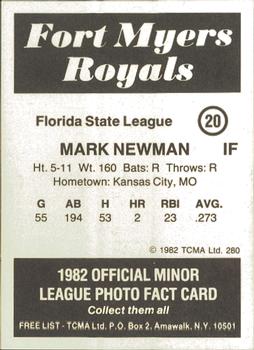 1982 TCMA Fort Myers Royals #20 Mark Newman Back