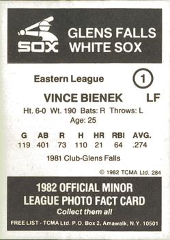 1982 TCMA Glens Falls White Sox #1 Vince Bienek Back