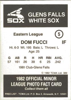 1982 TCMA Glens Falls White Sox #5 Dom Fucci Back