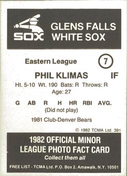 1982 TCMA Glens Falls White Sox #7 Phil Klimas Back