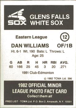 1982 TCMA Glens Falls White Sox #12 Dan Williams Back