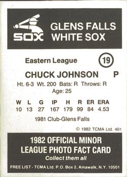 1982 TCMA Glens Falls White Sox #19 Chuck Johnson Back