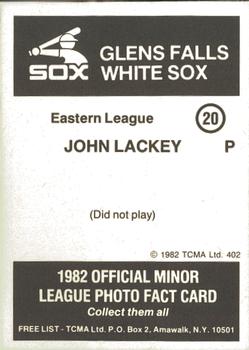 1982 TCMA Glens Falls White Sox #20 John Lackey Back