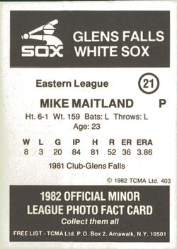 1982 TCMA Glens Falls White Sox #21 Mike Maitland Back