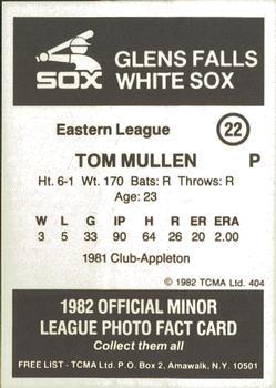 1982 TCMA Glens Falls White Sox #22 Tom Mullen Back