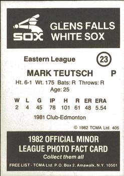 1982 TCMA Glens Falls White Sox #23 Mark Teutsch Back