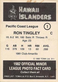 1982 TCMA Hawaii Islanders #1 Ron Tingley Back