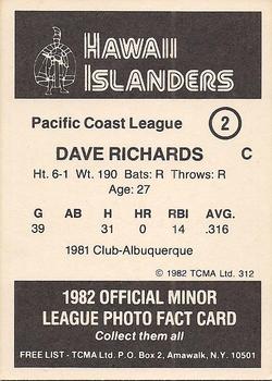 1982 TCMA Hawaii Islanders #2 Dave Richards Back