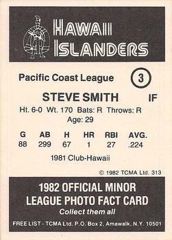 1982 TCMA Hawaii Islanders #3 Steve Smith Back
