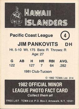 1982 TCMA Hawaii Islanders #4 Jim Pankovits Back