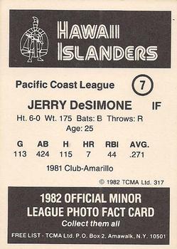 1982 TCMA Hawaii Islanders #7 Jerry DeSimone Back