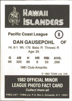1982 TCMA Hawaii Islanders #8 Dan Gausepohl Back