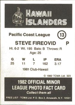 1982 TCMA Hawaii Islanders #13 Steve Fireovid Back