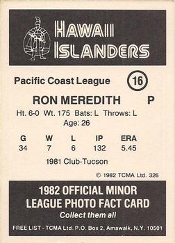 1982 TCMA Hawaii Islanders #16 Ron Meridith Back