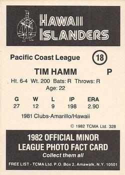 1982 TCMA Hawaii Islanders #18 Tim Hamm Back