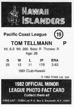 1982 TCMA Hawaii Islanders #19 Tom Tellmann Back