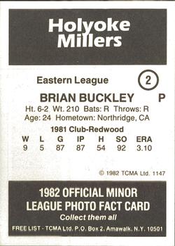 1982 TCMA Holyoke Millers #2 Brian Buckley Back
