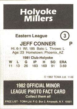 1982 TCMA Holyoke Millers #3 Jeff Conner Back