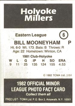 1982 TCMA Holyoke Millers #6 Bill Mooneyham Back