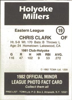 1982 TCMA Holyoke Millers #19 Chris Clark Back