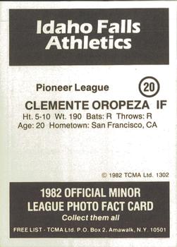 1982 TCMA Idaho Falls Athletics #20 Clemente Oropeza Back