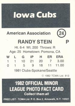 1982 TCMA Iowa Cubs #24 Randy Stein Back