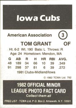 1982 TCMA Iowa Cubs #3 Tom Grant Back