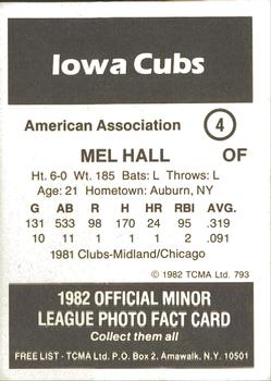 1982 TCMA Iowa Cubs #4 Mel Hall Back