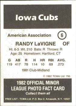 1982 TCMA Iowa Cubs #6 Randy LaVigne Back