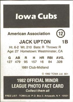 1982 TCMA Iowa Cubs #12 Jack Upton Back