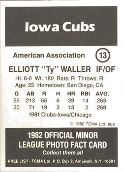 1982 TCMA Iowa Cubs #13 Elliott Waller Back