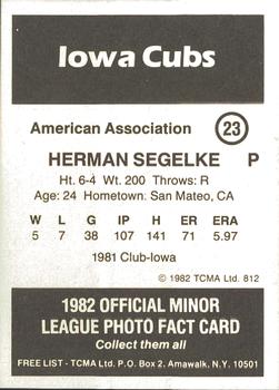 1982 TCMA Iowa Cubs #23 Herman Segelke Back
