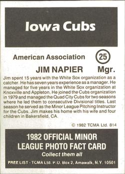 1982 TCMA Iowa Cubs #25 Jim Napier Back