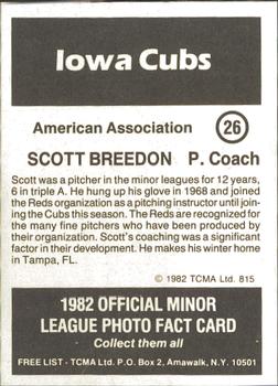 1982 TCMA Iowa Cubs #26 Scott Breeden Back