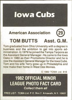 1982 TCMA Iowa Cubs #29 Tom Butts Back