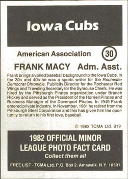 1982 TCMA Iowa Cubs #30 Frank Macy Back
