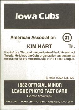 1982 TCMA Iowa Cubs #31 Kim Hart Back