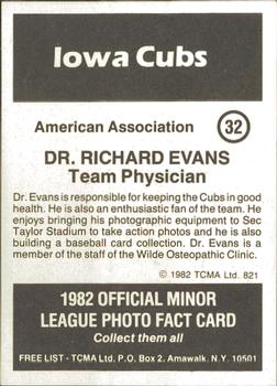 1982 TCMA Iowa Cubs #32 Dr. Richard Evans Back