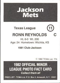 1982 TCMA Jackson Mets #11 Ronn Reynolds Back