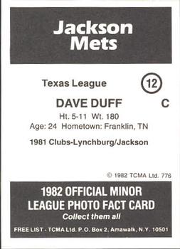 1982 TCMA Jackson Mets #12 Dave Duff Back