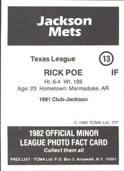 1982 TCMA Jackson Mets #13 Rick Poe Back