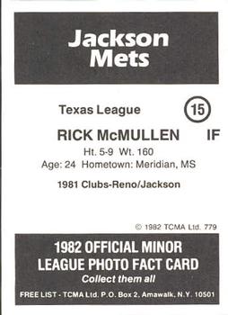 1982 TCMA Jackson Mets #15 Rick McMullen Back