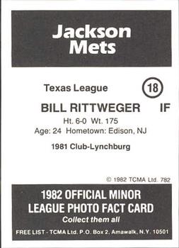 1982 TCMA Jackson Mets #18 Bill Rittweger Back