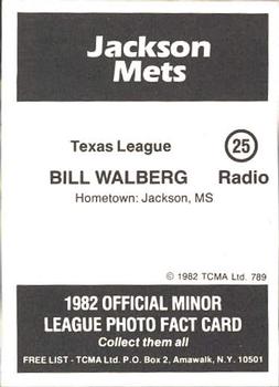 1982 TCMA Jackson Mets #25 Bill Walberg Back