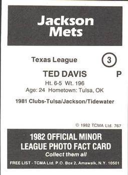 1982 TCMA Jackson Mets #3 Ted Davis Back