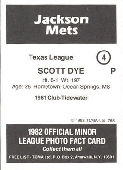 1982 TCMA Jackson Mets #4 Scott Dye Back