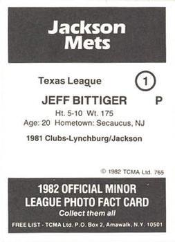 1982 TCMA Jackson Mets #1 Jeff Bittiger Back