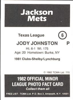 1982 TCMA Jackson Mets #6 Jody Johnston Back