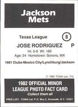 1982 TCMA Jackson Mets #8 Jose Rodriguez Back
